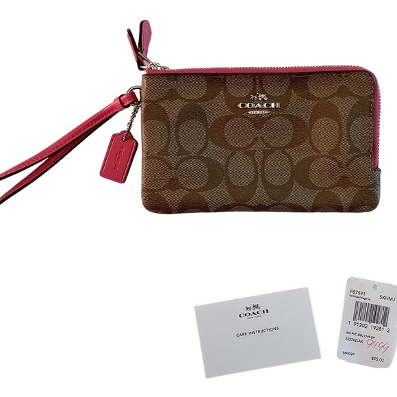 COACH Wristlet Wallet Signature Logo Medium F87591 Khaki/Magenta Pink Double Zip - Picture 3 of 6
